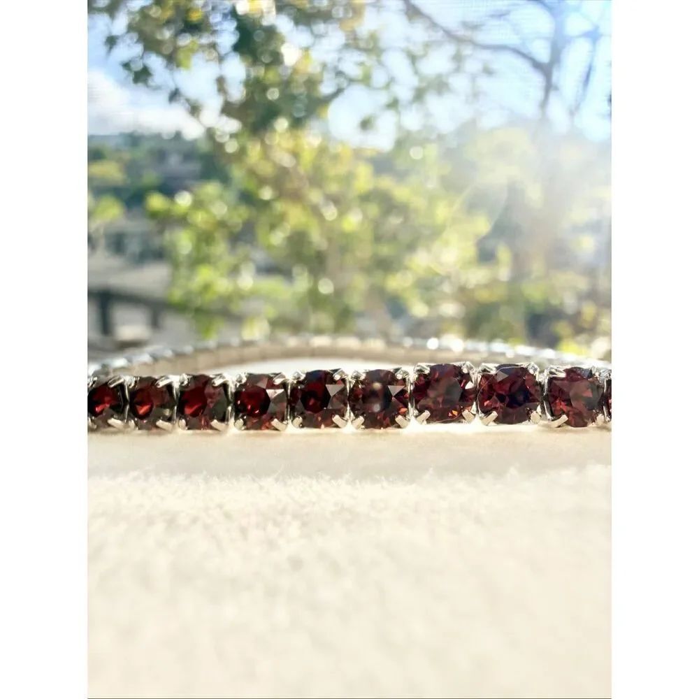 Authentic Swarovski Garnet Crystal Stretch Tennis Bracelet Silver